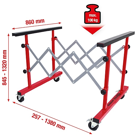 Rote, ausziehbare Werkstattstütze mit schwarzen Auflagen und silbernen Scherengittern. Angaben zu Maßen und Belastung.